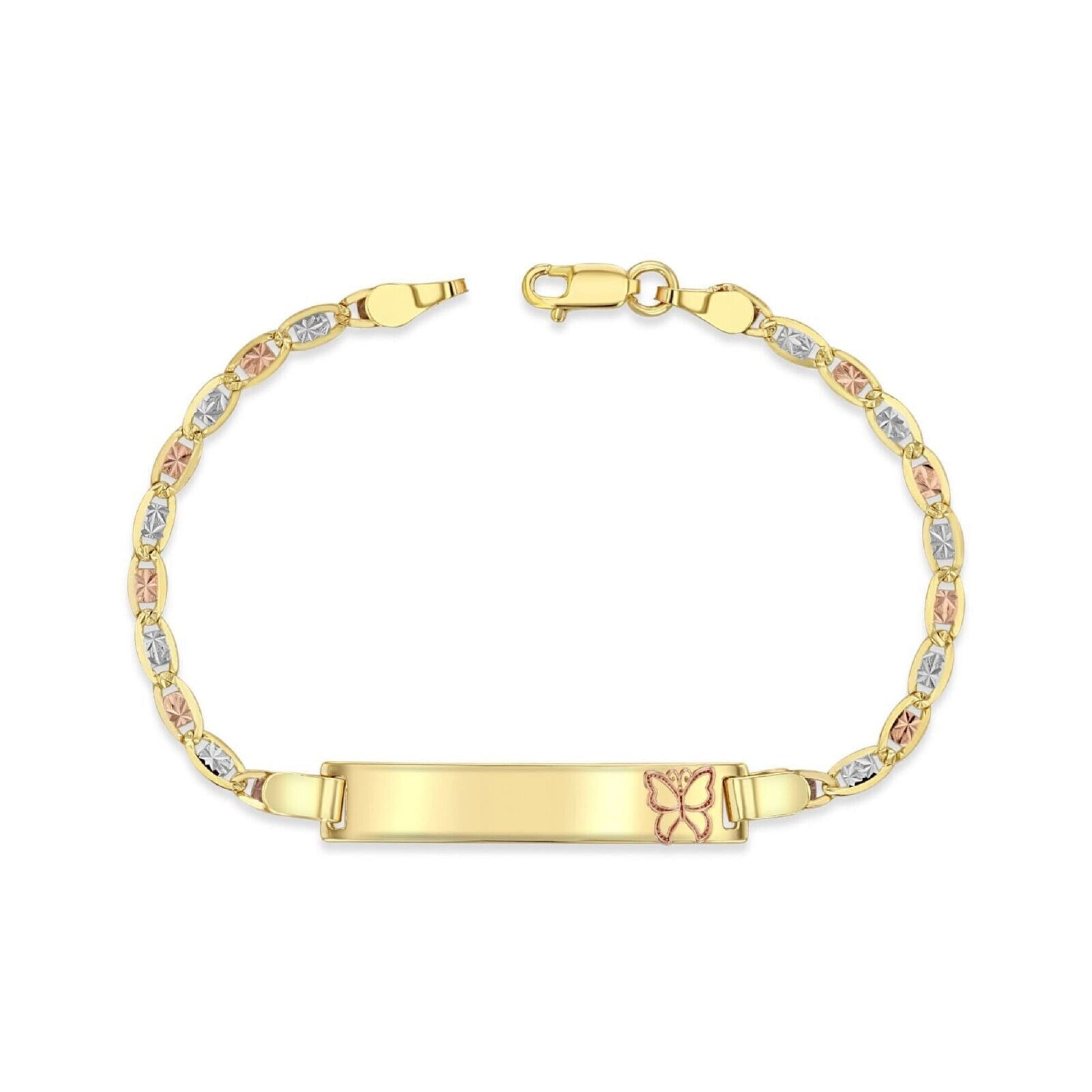 14K Tri-Color (Yellow, White, Rose) Gold 3mm Chain Baby ID Bracelet with Rose Gold Butterfly