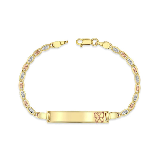 14K Tri-Color (Yellow, White, Rose) Gold 3mm Chain Baby ID Bracelet with Rose Gold Butterfly