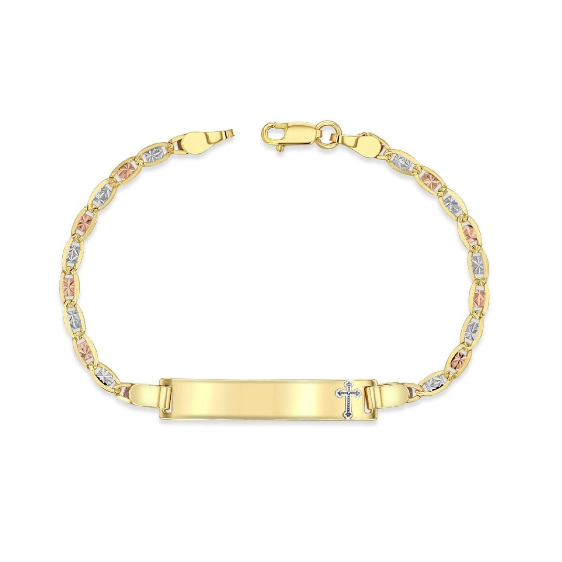 14K Tri-Color (Yellow, White, Rose) Gold 3mm Chain Baby ID Bracelet with White Gold Cross