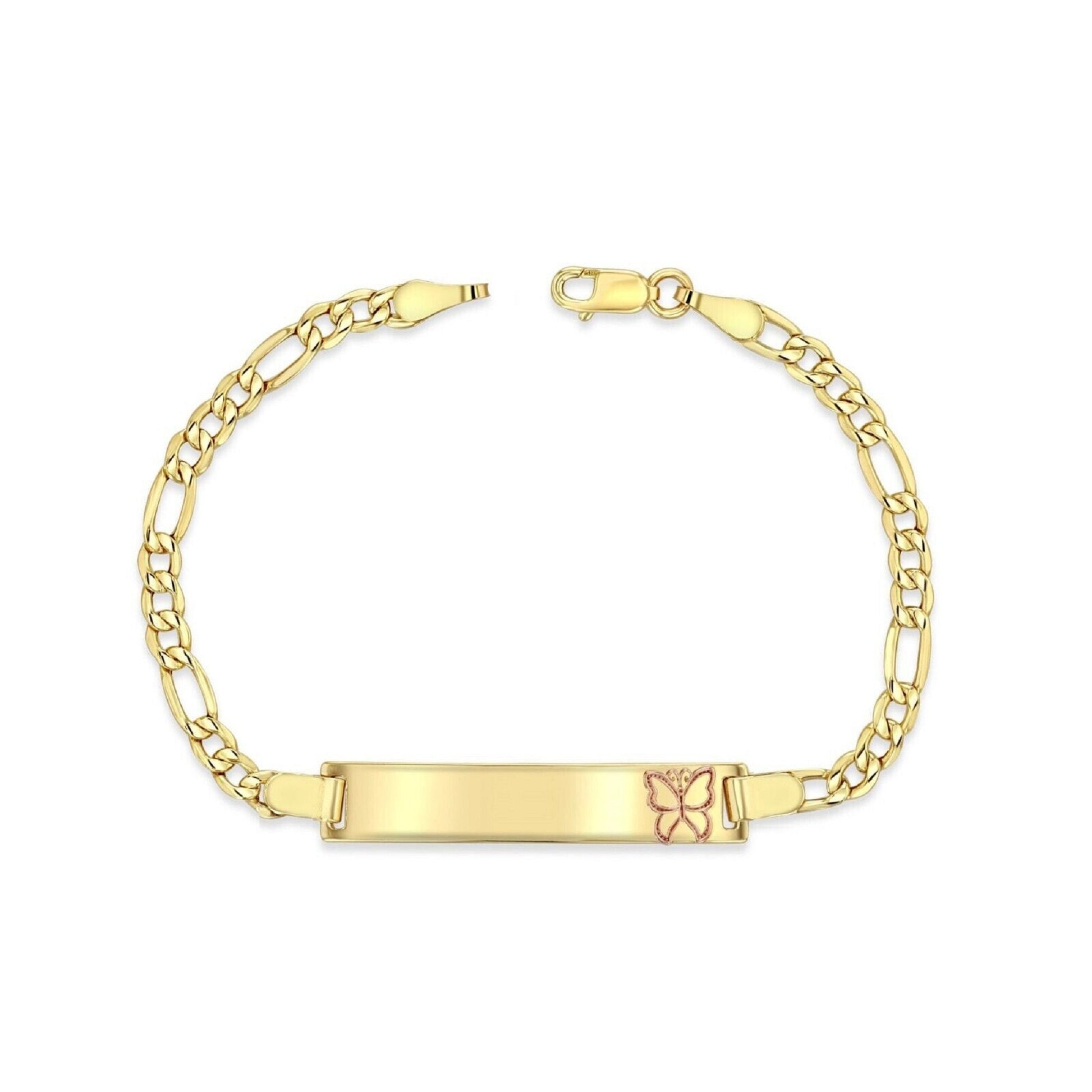 14K Yellow Gold 3.5 mm Figaro Chain Baby ID Bracelet w/ Rose Gold Butterfly, 3 gram