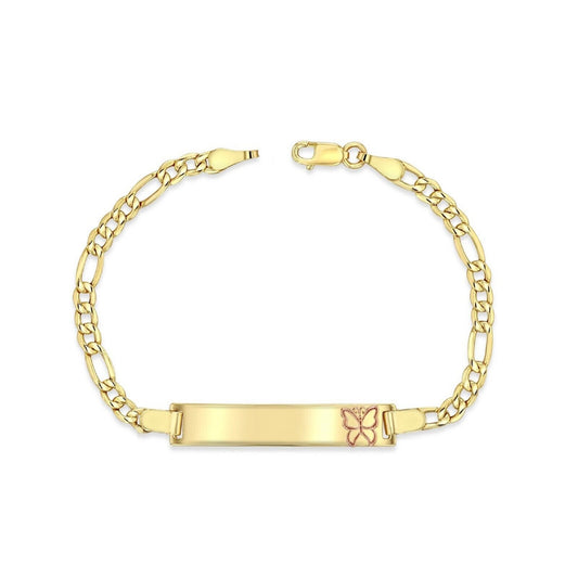 14K Yellow Gold 3.5 mm Figaro Chain Baby ID Bracelet w/ Rose Gold Butterfly, 3 gram