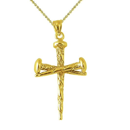 925 Sterling Silver Yellow Gold Plated Necklace w/ Nail Cross Crucifixion of Jesus 3D (3 Dimensional) Solid Pendant