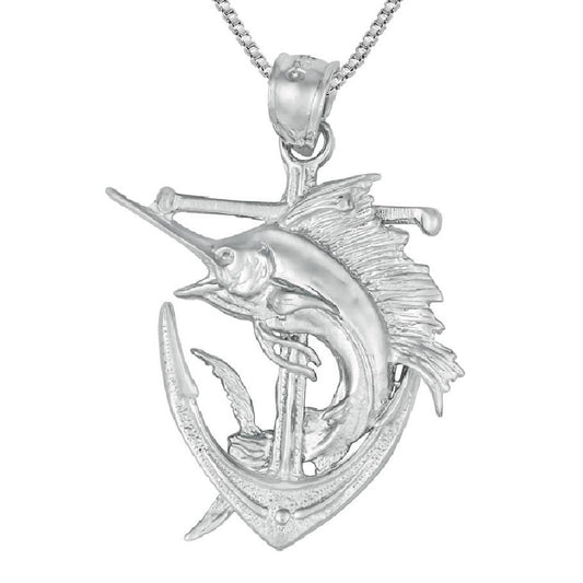 925 Sterling Silver Anchor w/ Blue Marlin 3D Solid Pendant