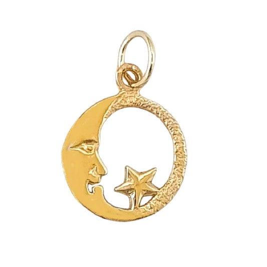 14K Yellow Gold Moon with Star Pendant Charm