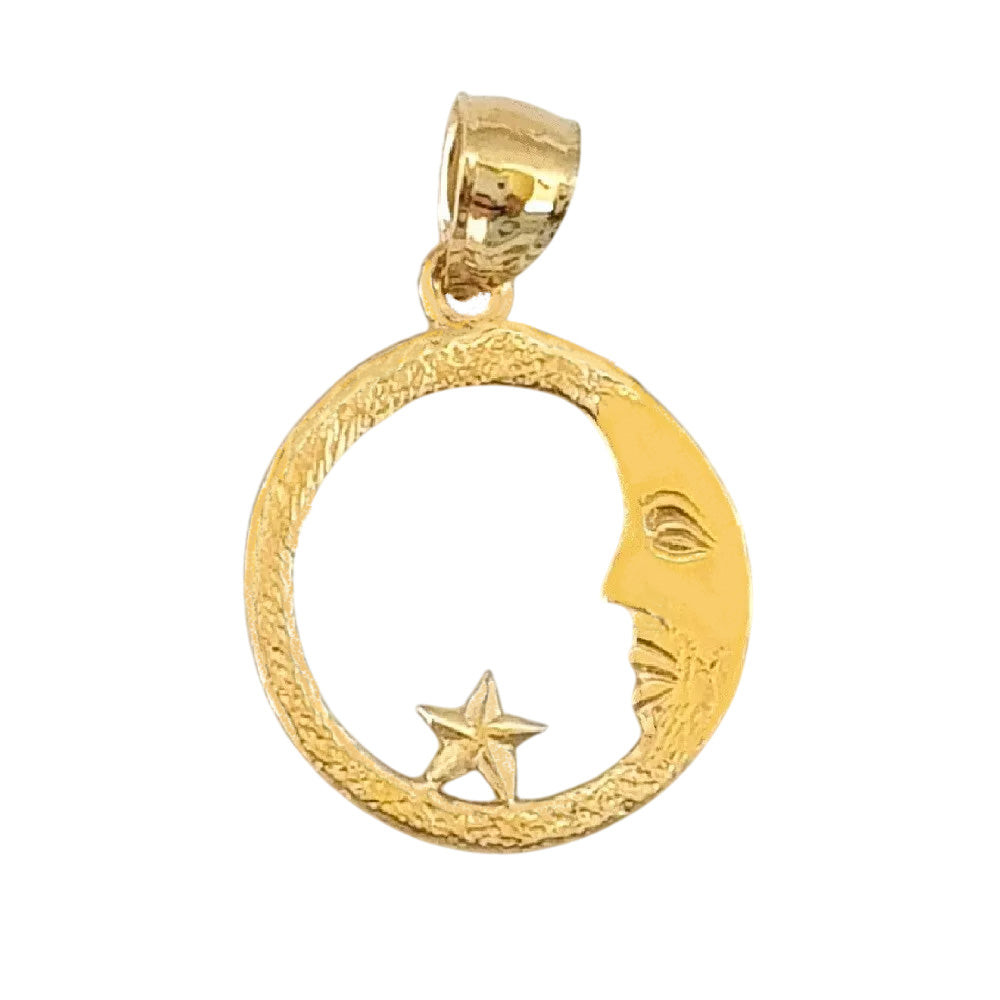 14K Yellow Gold Moon with Star Pendant