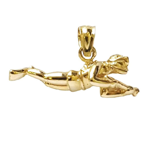 14K Yellow Gold Scuba Diver 3D (3 Dimensional) Solid Pendant