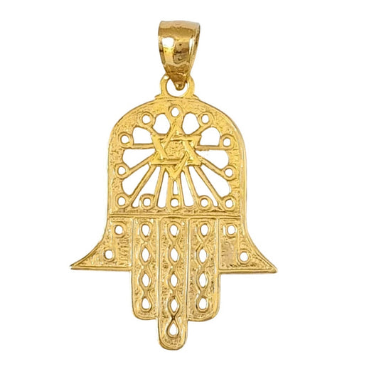 14K Yellow Gold Hamsa Hand with Star of David Pendant