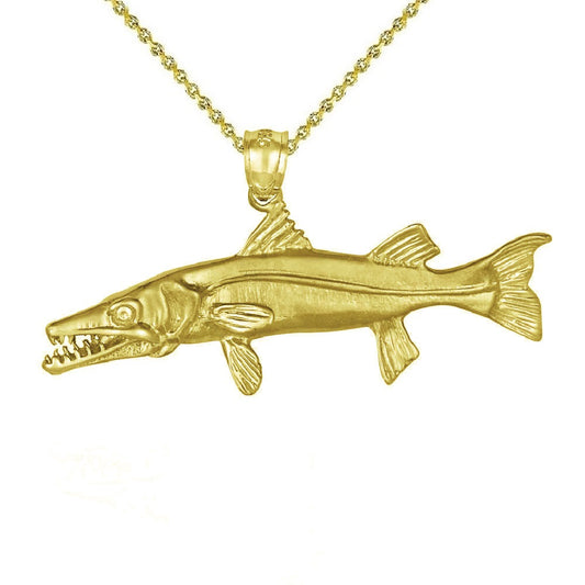925 Sterling Silver Yellow Gold Plated Necklace w/ Barracuda Fish 3D (3 Dimensional) Solid Pendant