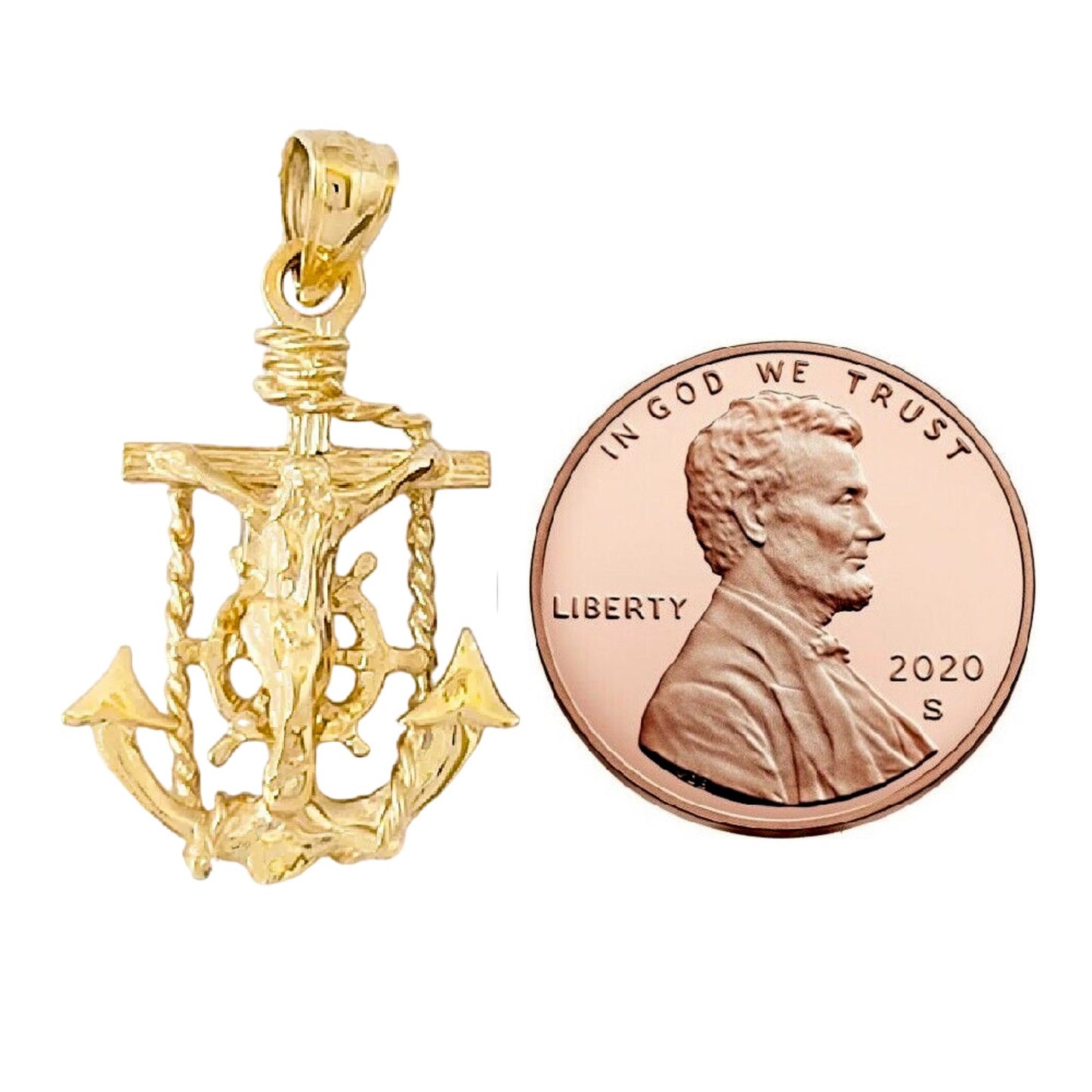 14K Yellow Gold Mariners Anchor Crucifix Cross Pendant