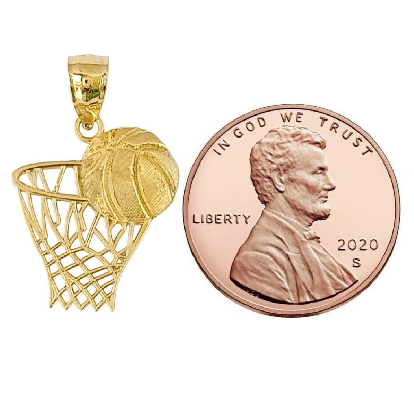 14K Yellow Gold Basketball Basket, Hoop with Ball Pendant