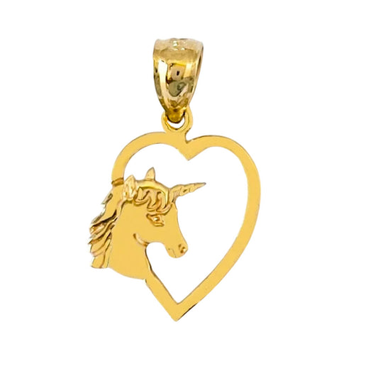 14K Yellow Gold Unicorn Horse Heart Charm Pendant