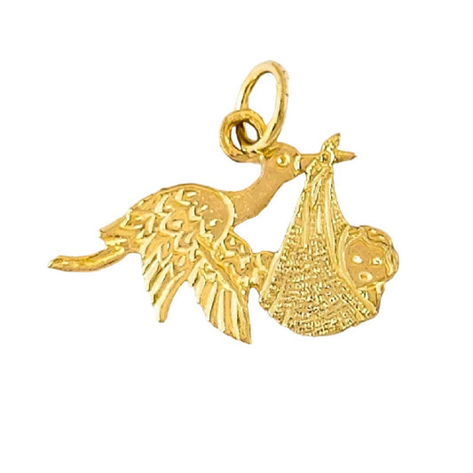 14k Yellow Gold Stork Bird with Newborn Baby Pendant