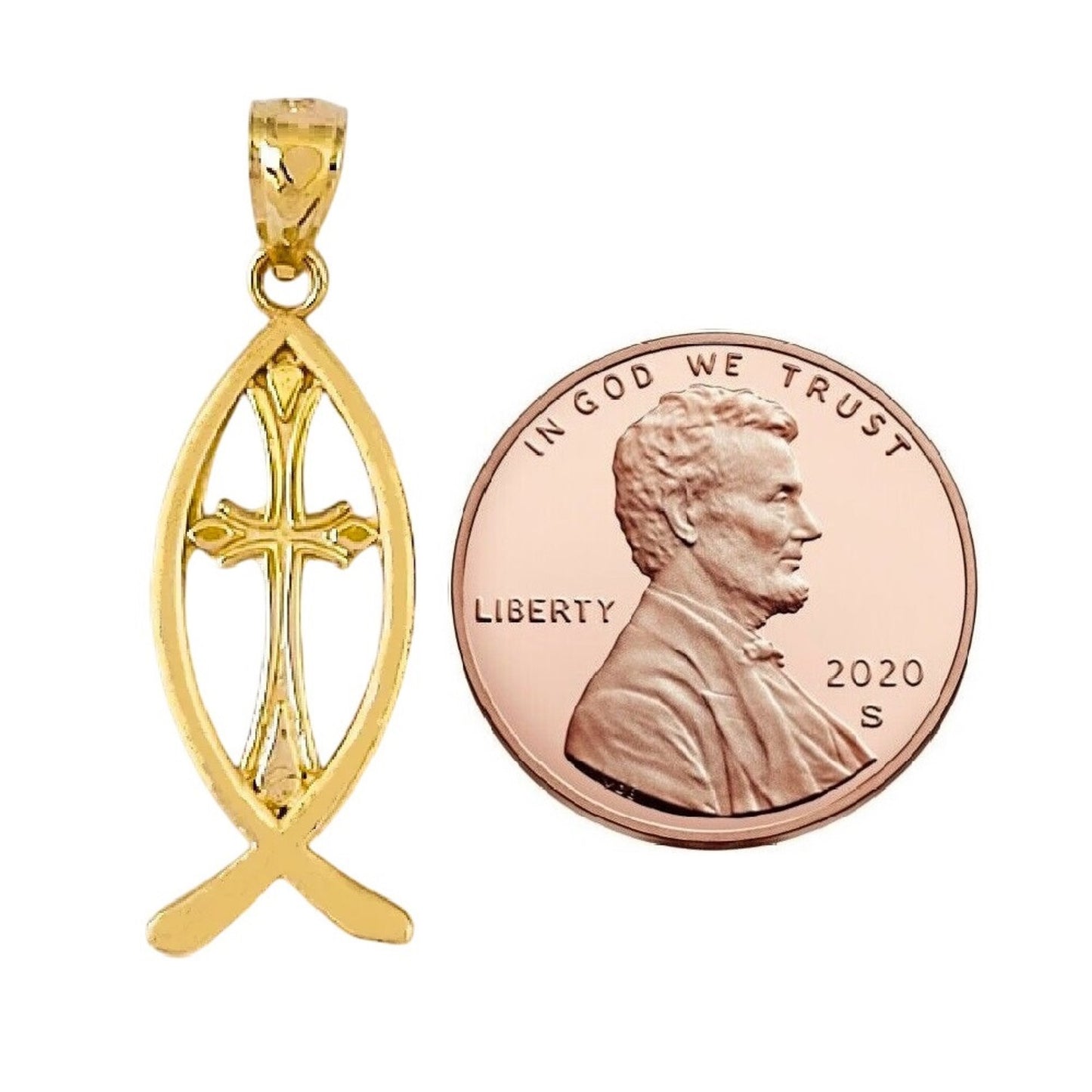 14K Yellow Gold Christian Fish with Cross Pendant