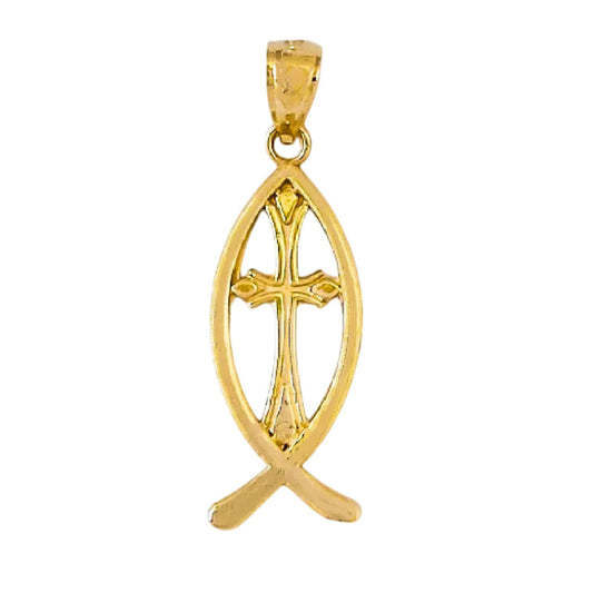 14K Yellow Gold Christian Fish with Cross Pendant