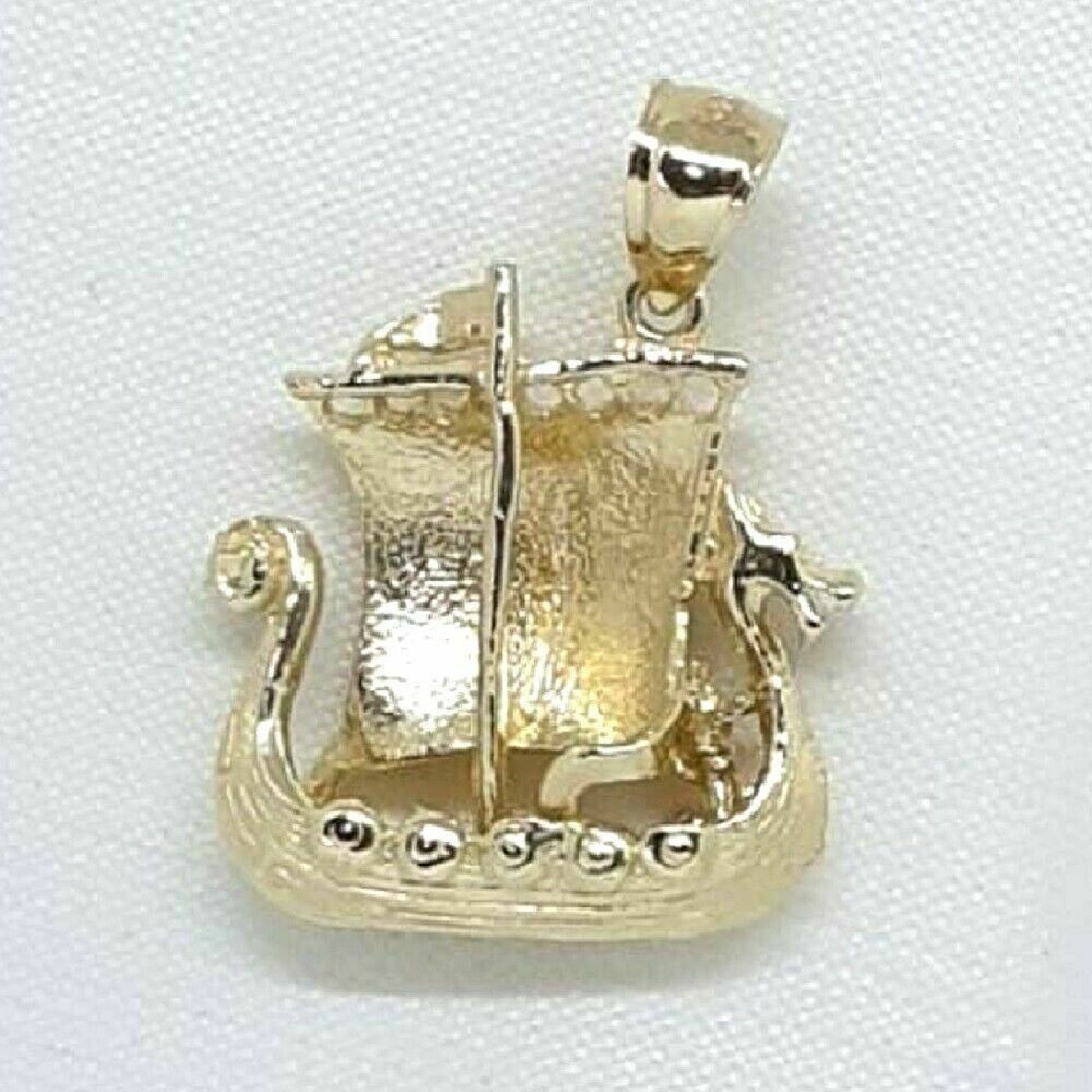 14K Yellow Gold Viking Pirate Ship 3D Pendant