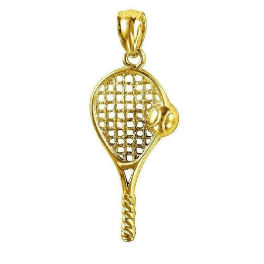 14K Yellow Gold Tennis Racket, Racquet w/ Ball Pendant