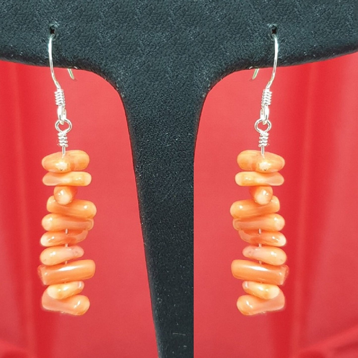 5mm-8mm Coral Chips Sterling Silver Hoop Earrings