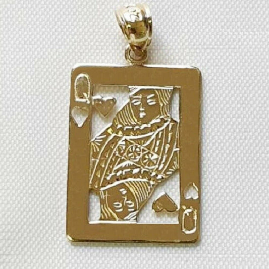 14K Yellow Gold Queen of Hearts Playing Card Pendant