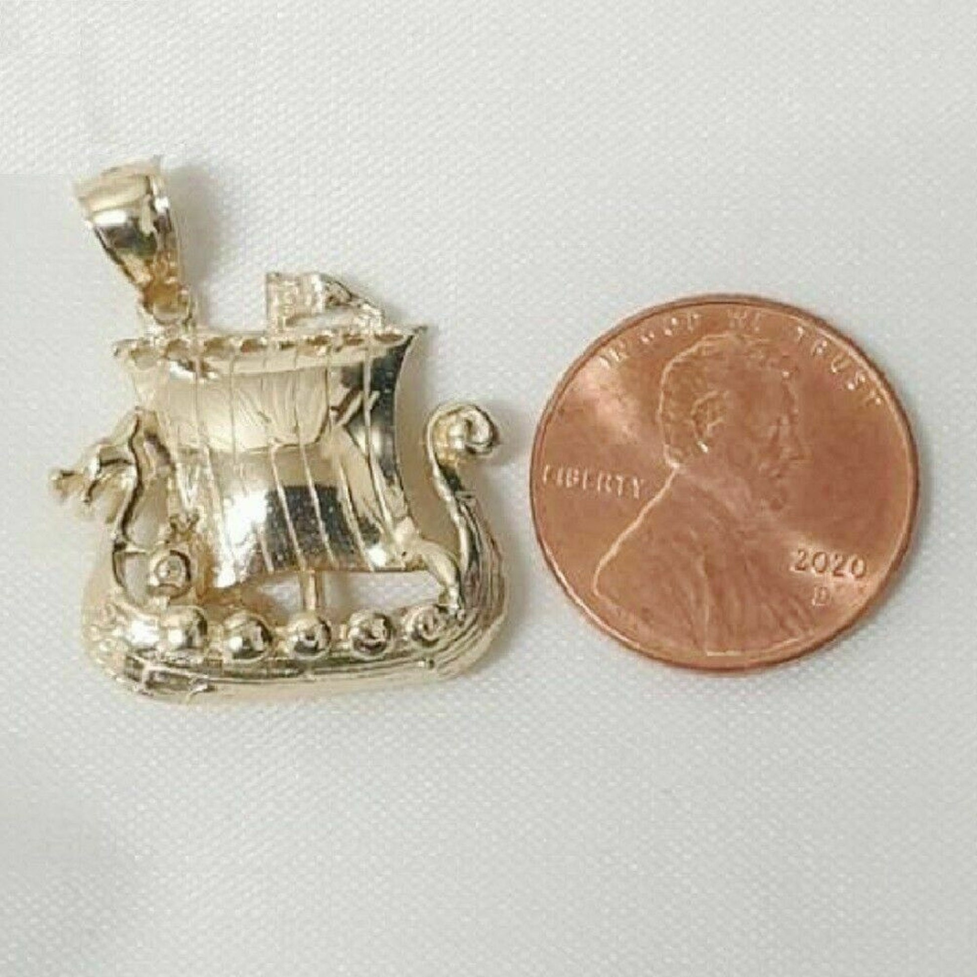 14K Yellow Gold Viking Pirate Ship 3D Pendant