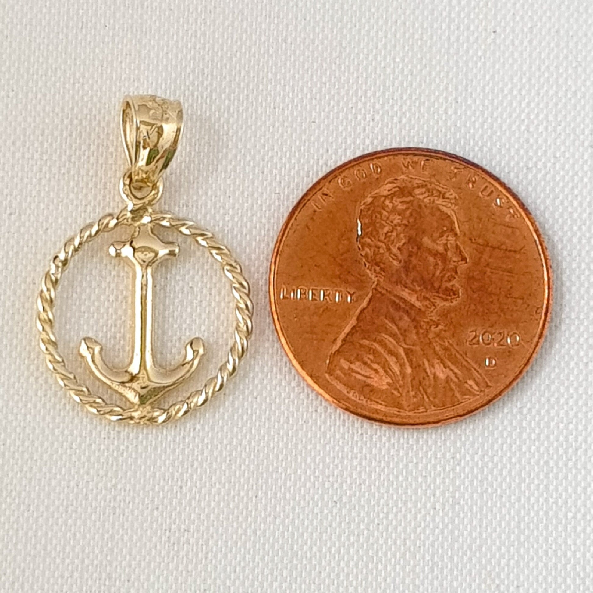 14K Yellow Gold Anchor with Rope 3D Solid Pendant