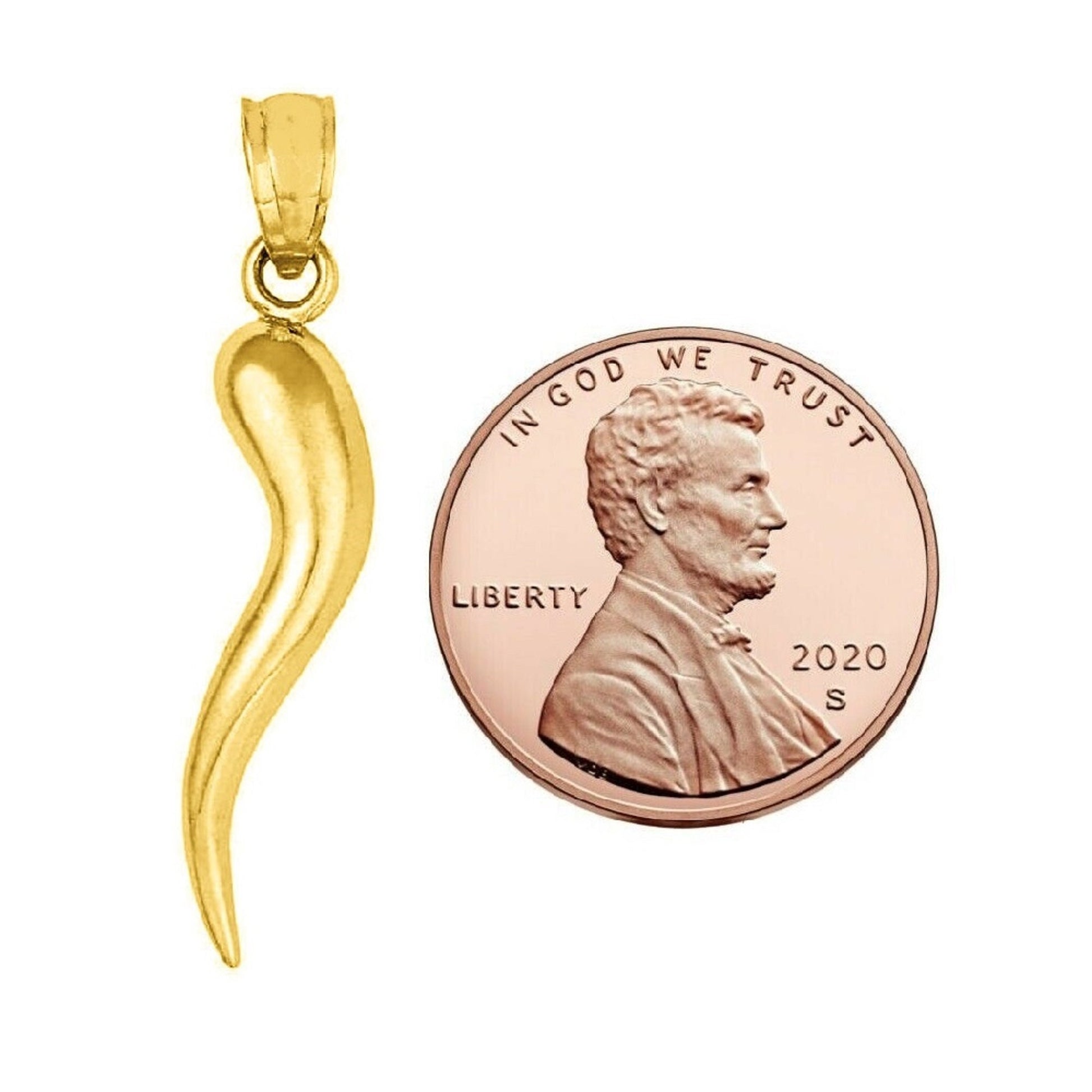 14k Yellow Gold Italian Horn 3D Solid Pendant