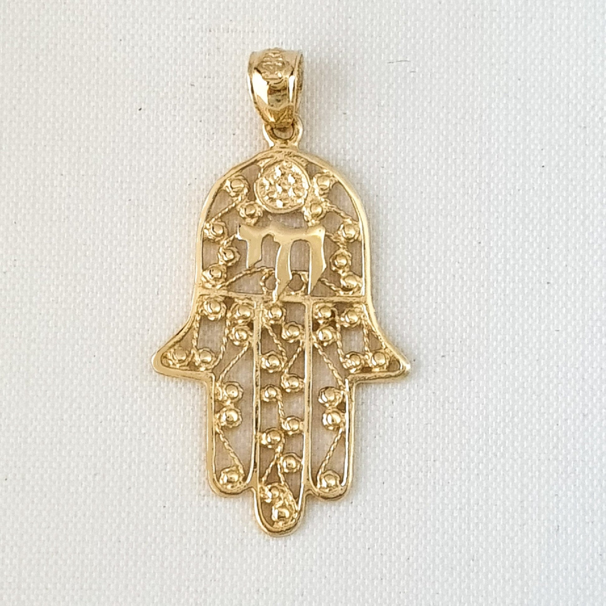 14K Yellow Gold Hamsa Hand with Chai Pendant