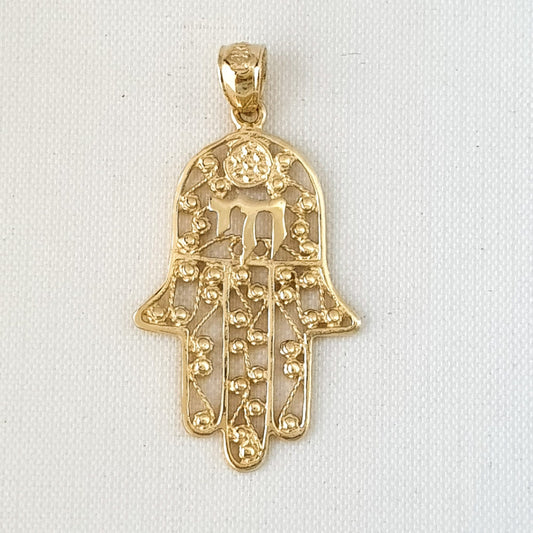 14K Yellow Gold Hamsa Hand with Chai Pendant