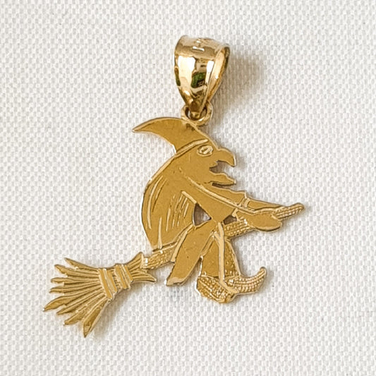 14K Yellow Gold Witch on Broom Pendant