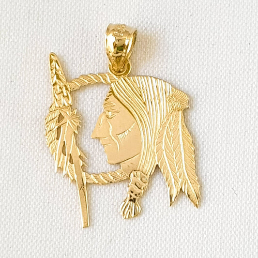 14K Yellow Gold Native American Indian Pendant