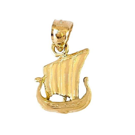 14K Yellow Gold Viking Pirate Ship 3D (3 Dimensional) Pendant Charm