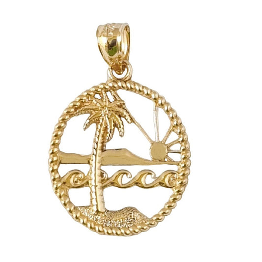 14K Yellow Gold Beach Scene Palm Tree Pendant
