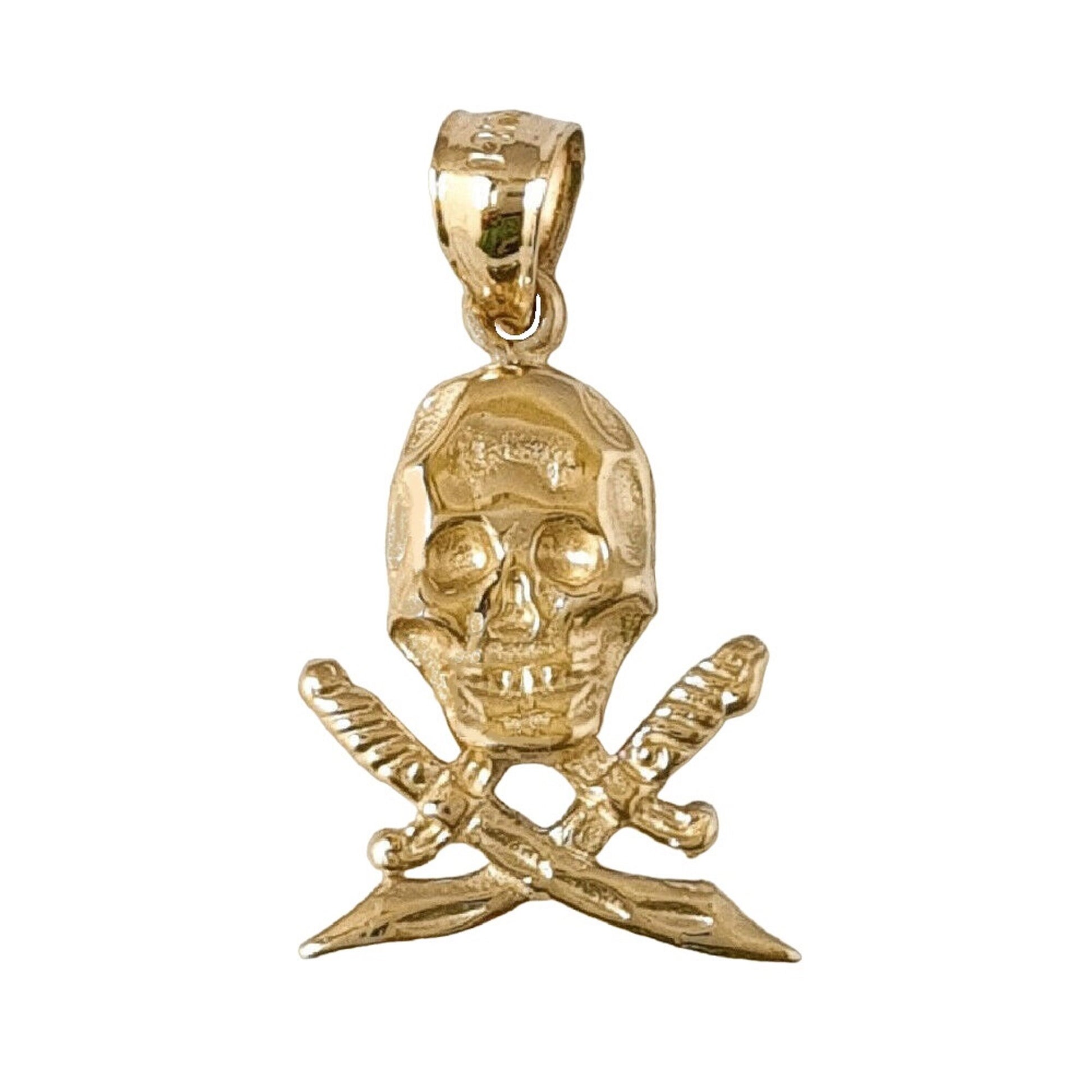 14K Yellow Gold Skull with Swords Pendant