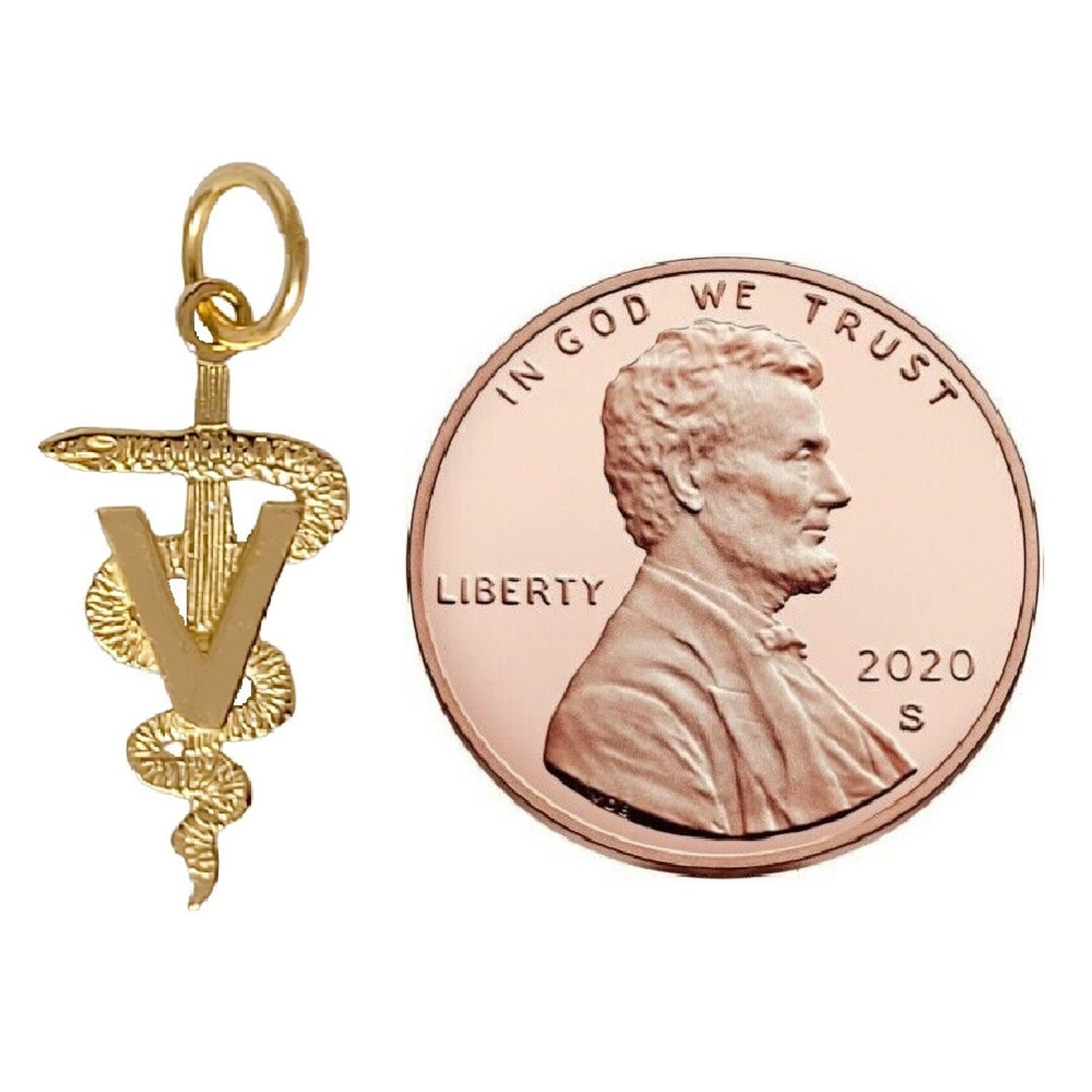 14k Yellow Gold Veterinary Caduceus Medical Symbol Charm Pendant