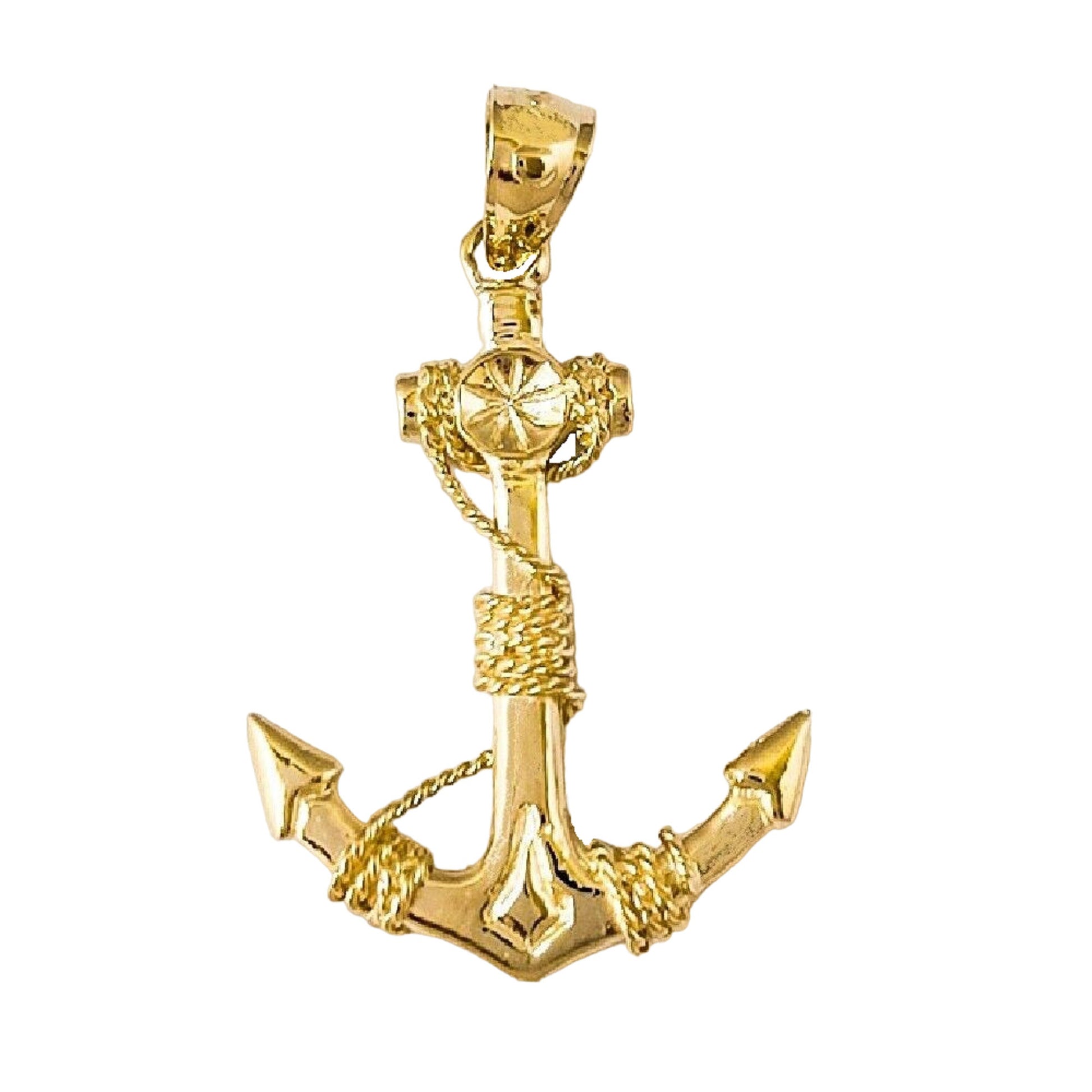 14K Yellow Gold Anchor with Rope 3D (3 Dimensional) Solid Pendant