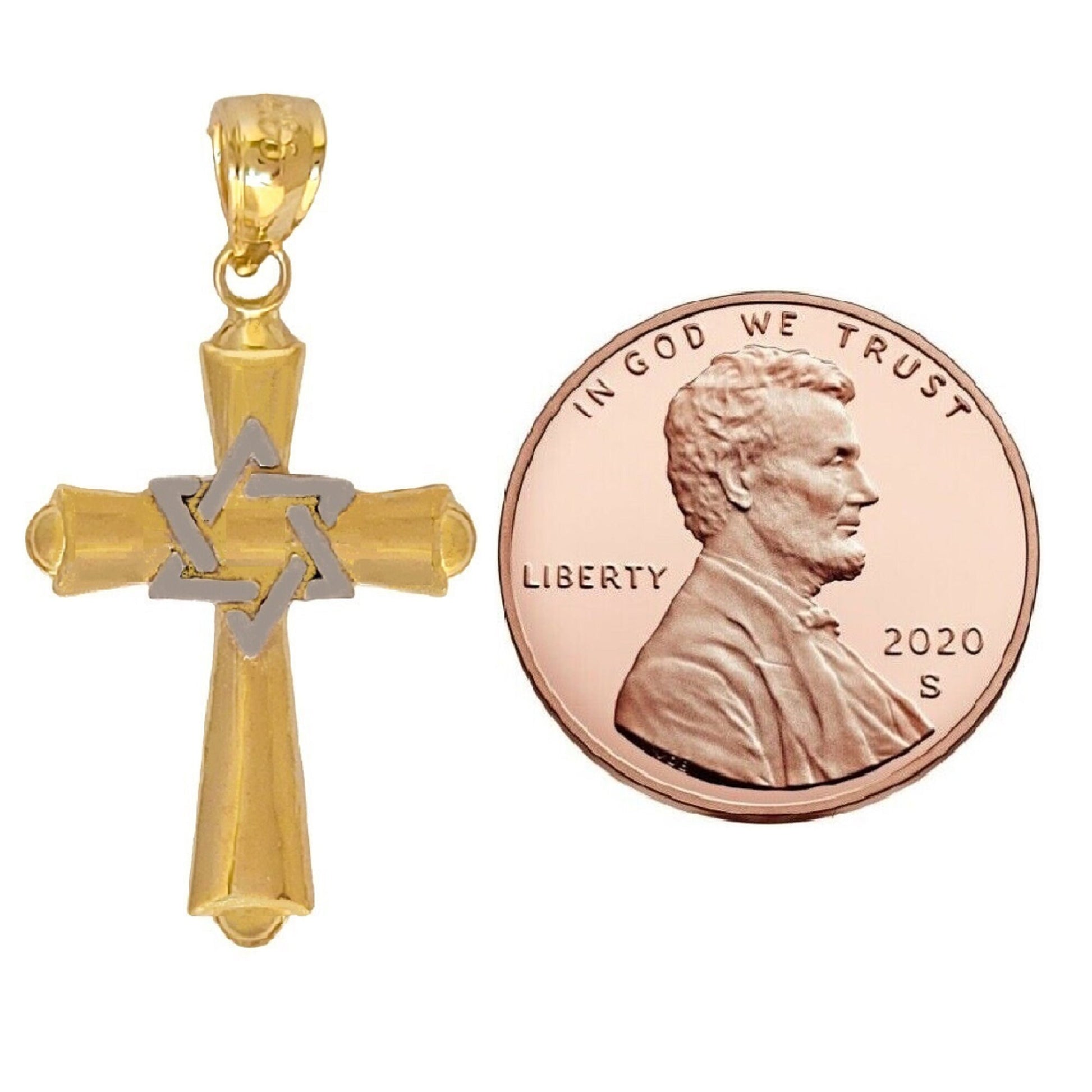 14k Yellow Gold Two Tone Cross with Star of David Pendant