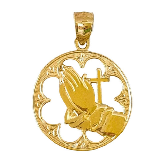 14K Yellow Gold Praying Hands with Cross Pendant