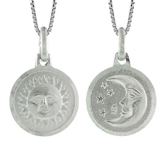 925 Sterling Silver Necklace w/ 2-sided Sun & Crescent Moon Pendant Charm