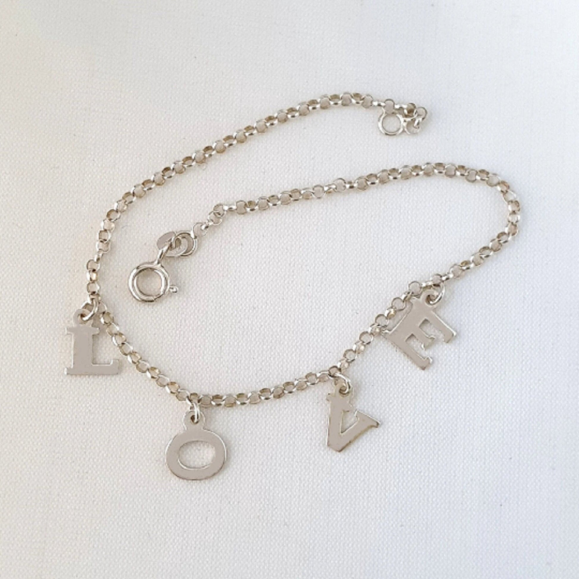 925 Sterling Silver Dangling LOVE Link Chain Anklet Bracelet