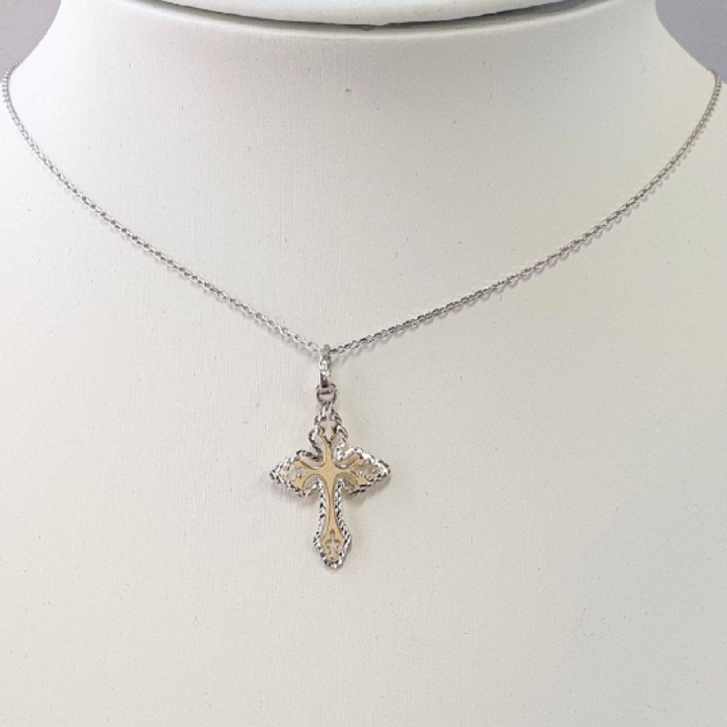 925 Sterling Silver Necklace w/ 2-Tone 2-Pieces Cross Pendant