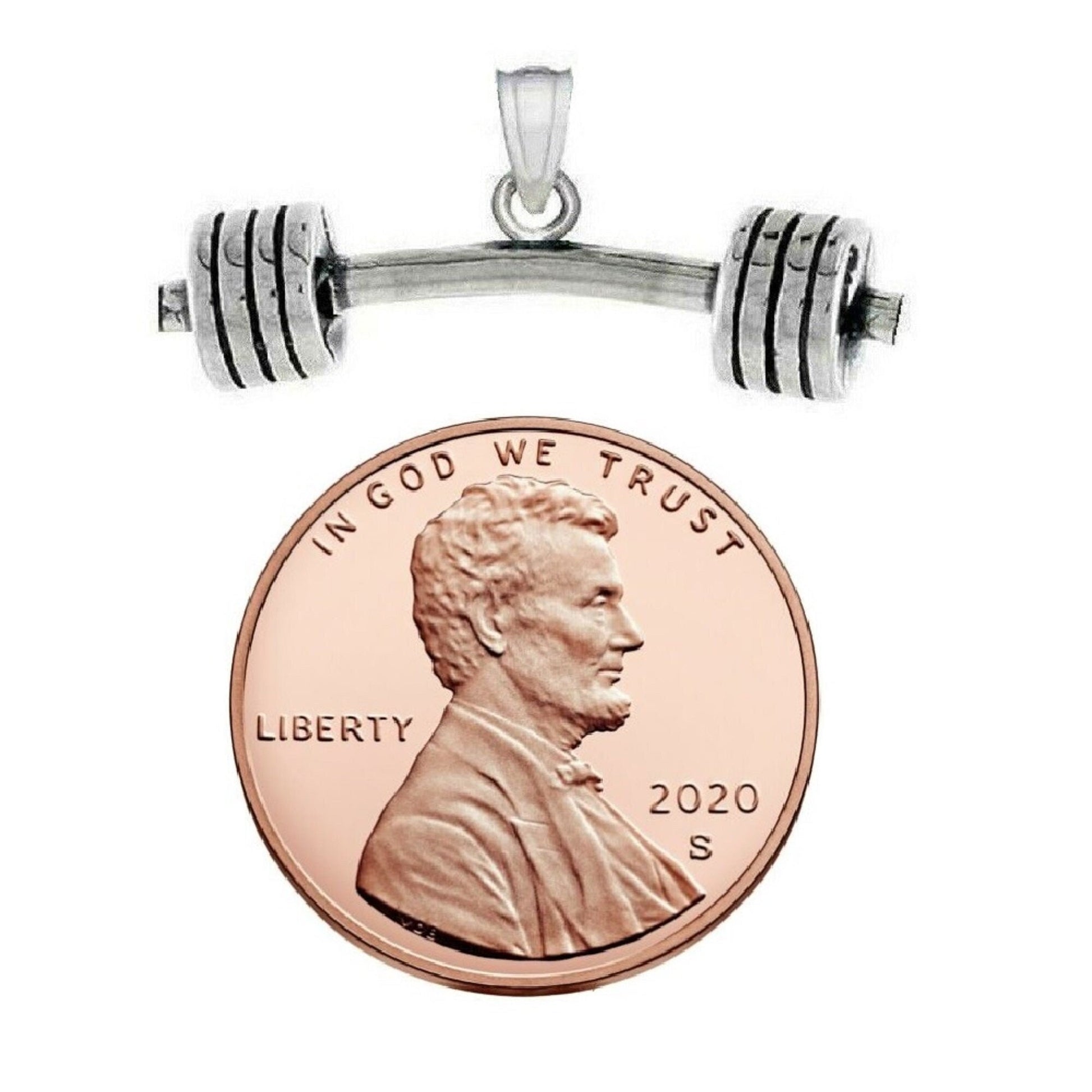 925 Sterling Silver Necklace w/ Barbell Dumbbell 3D Solid Pendant Charm