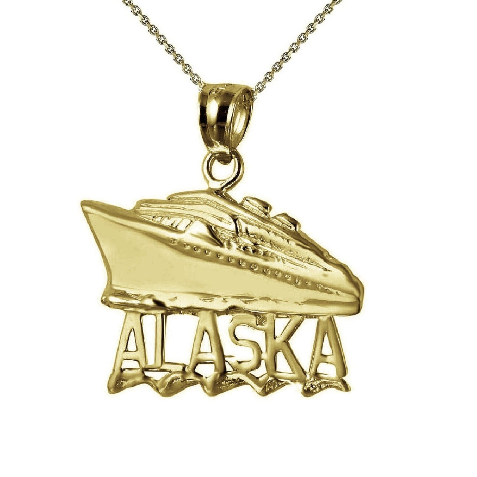 925 Sterling Silver Yellow Gold Plated 1mm Cable Chain Necklace w/ Alaska Cruise Ship Pendant Charm