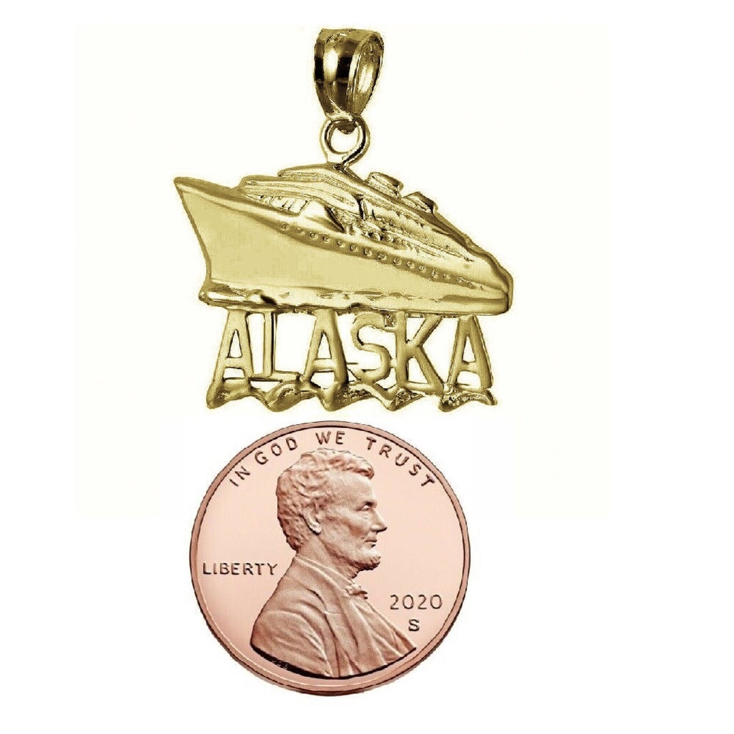 925 Sterling Silver Yellow Gold Plated 1mm Cable Chain Necklace w/ Alaska Cruise Ship Pendant Charm