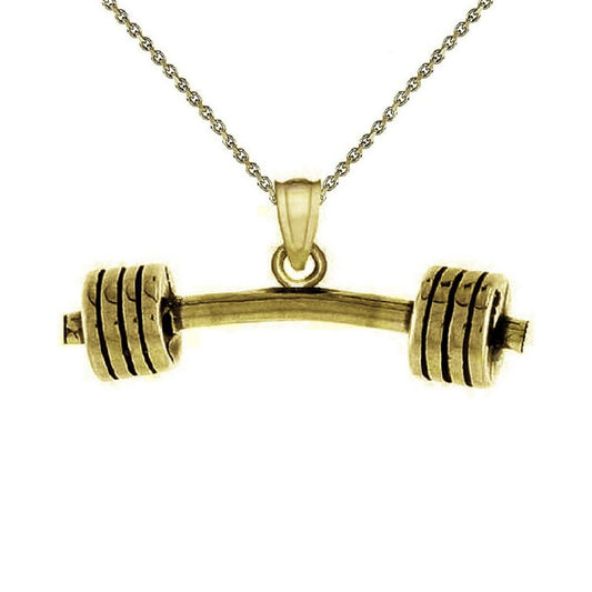 925 Sterling Silver Yellow Gold Plated 1mm Cable Chain Necklace w/ Barbell Dumbbell 3D Solid Pendant Charm