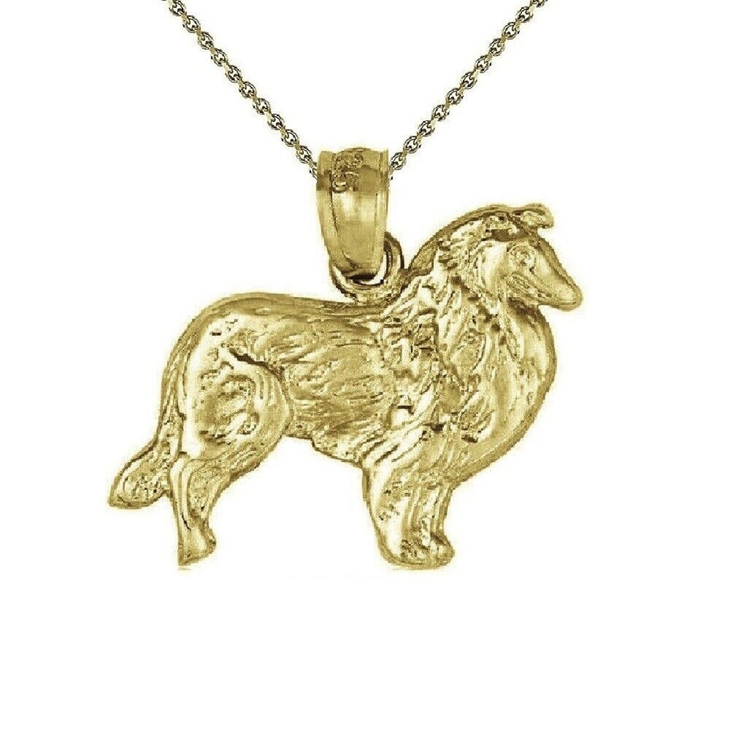 925 Sterling Silver Yellow Gold Plated 1mm Cable Chain Necklace w/ Collie Dog Pendant Charm