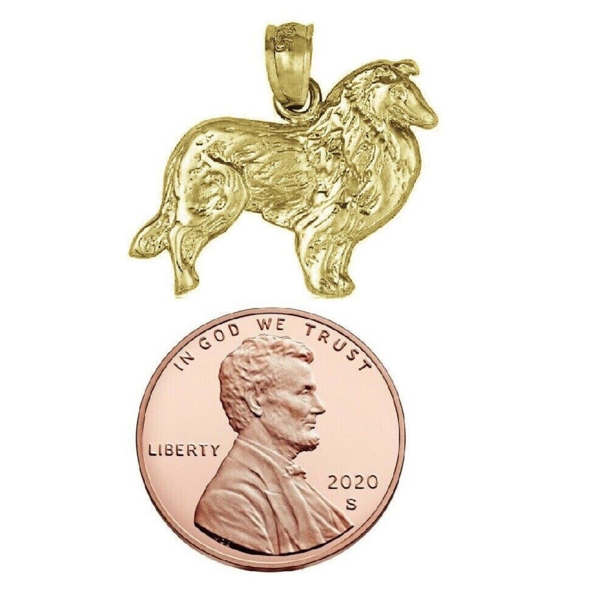925 Sterling Silver Yellow Gold Plated 1mm Cable Chain Necklace w/ Collie Dog Pendant Charm