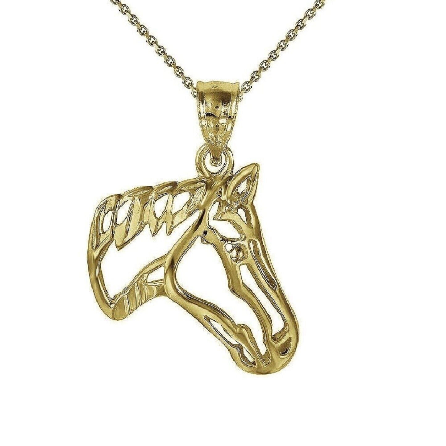 925 Sterling Silver Yellow Gold Plated 1mm Cable Chain Necklace w/ Cut-out Horse Head Charm Pendant