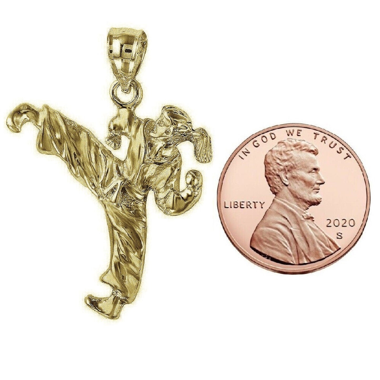 925 Sterling Silver Yellow Gold Plated 1mm Cable Chain Necklace w/ Female Martial Arts Karate Pendant