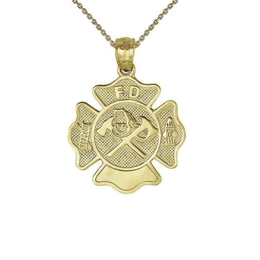 925 Sterling Silver Yellow Gold Plated 1mm Cable Chain Necklace w/ Fire Department Badge Pendant
