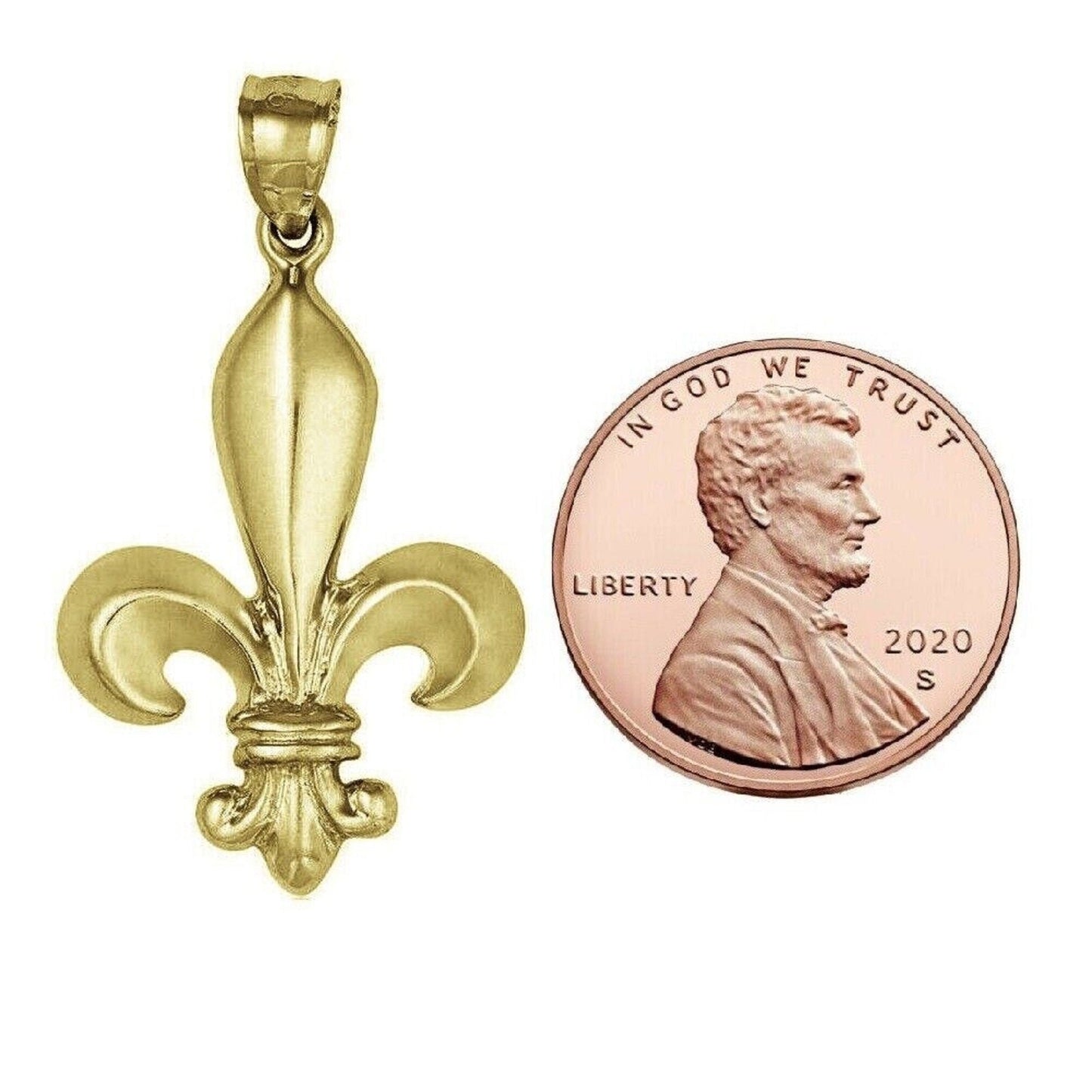 925 Sterling Silver Yellow Gold Plated 1mm Cable Chain Necklace w/ Fleur De Lis Large Pendant