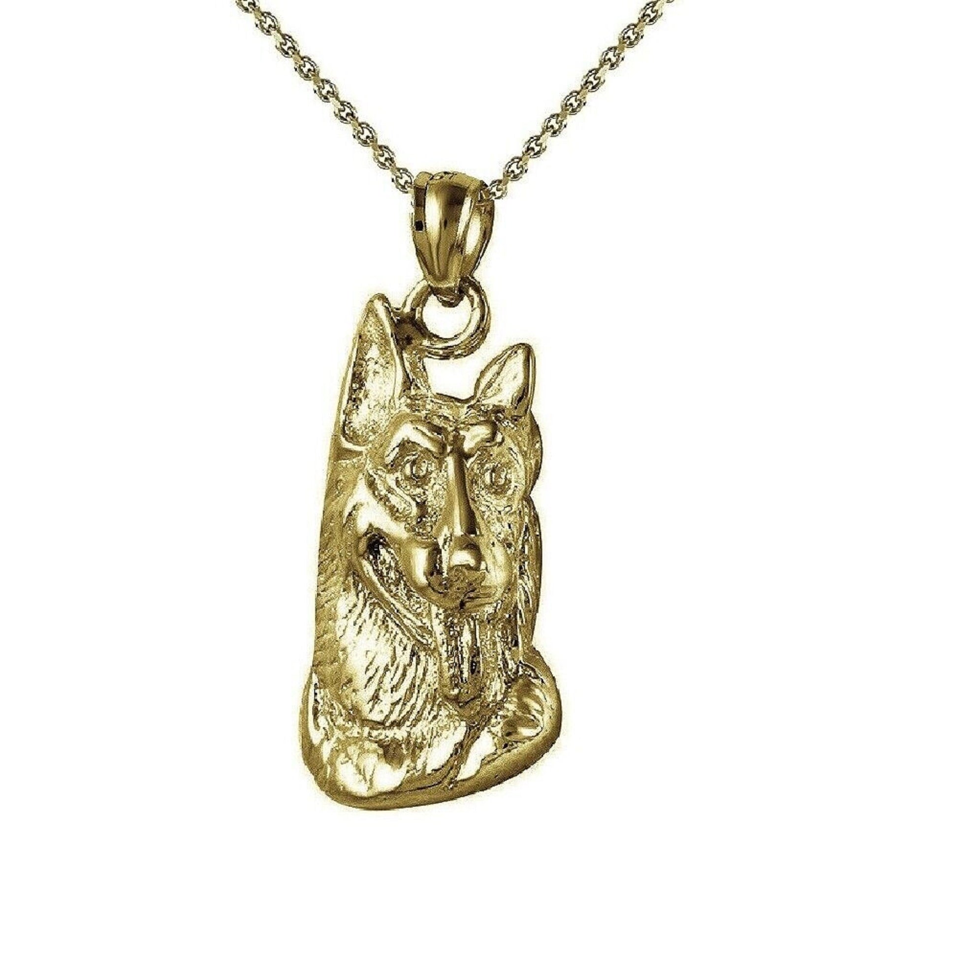 925 Sterling Silver Yellow Gold Plated 1mm Cable Chain Necklace w/ German Shepherd Dog Pendant Charm